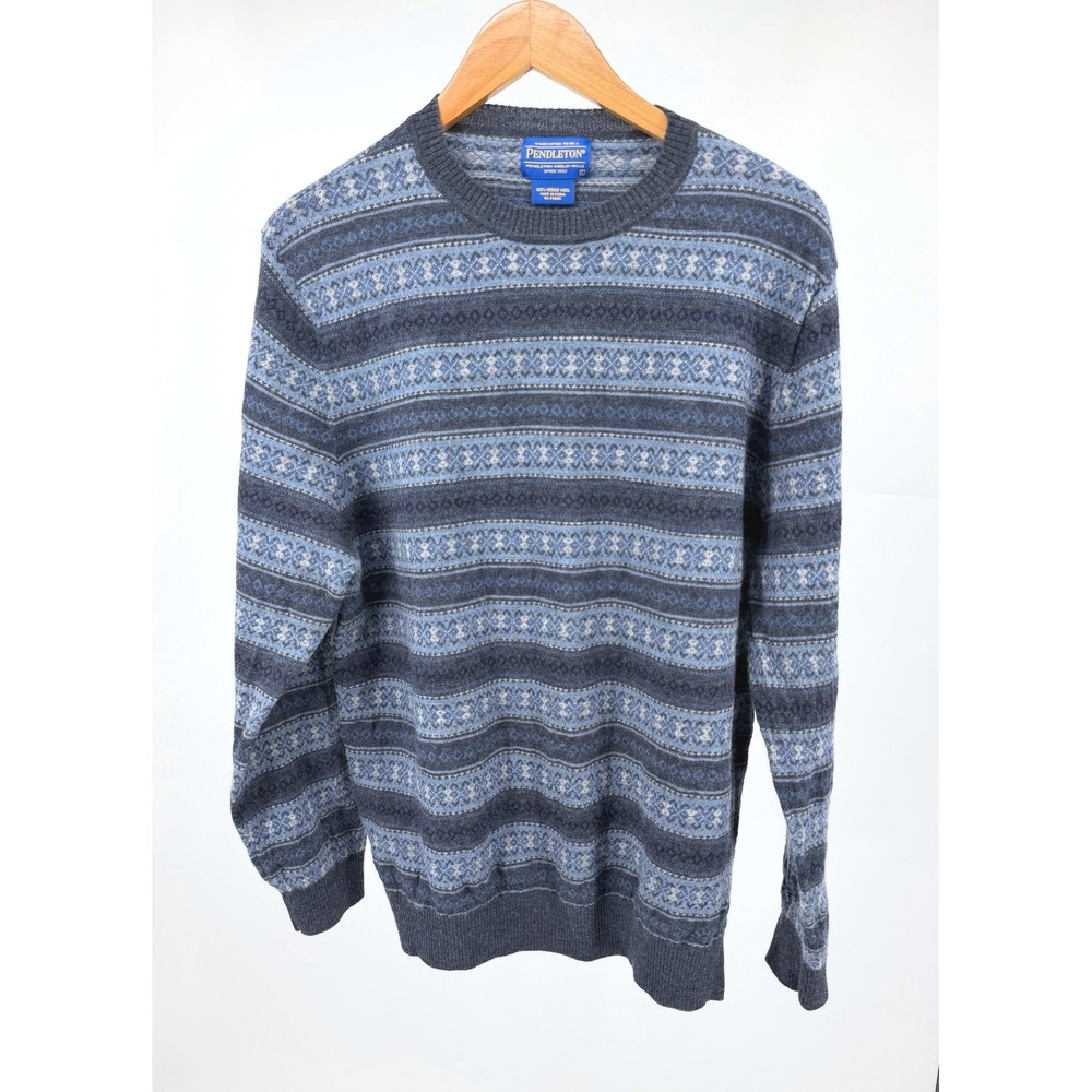 Pendleton Sweater Mens L Blue Fair Isle 100% Merino Wool Crew Neck 70Z913.111
